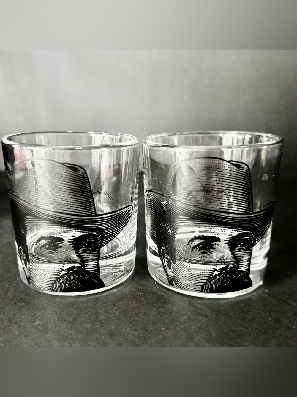 Vintage Jack Daniels Old No. 7 Brand Whiskey Glasses Cowboy Portrait Set of 2